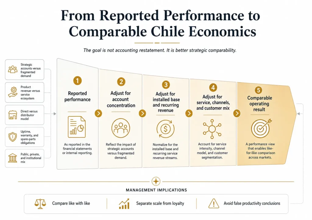 Midas five-stage Chile benchmarking funnel adjusting reported performance for strategic-account concentration, installed base, recurring revenue, service, channels, and customer mix.