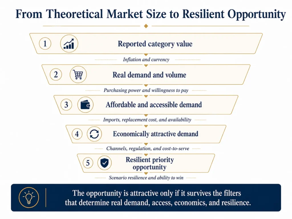 Midas five-stage Argentina opportunity funnel moving from reported category value through real demand, affordability, access, economics, and scenario resilience.