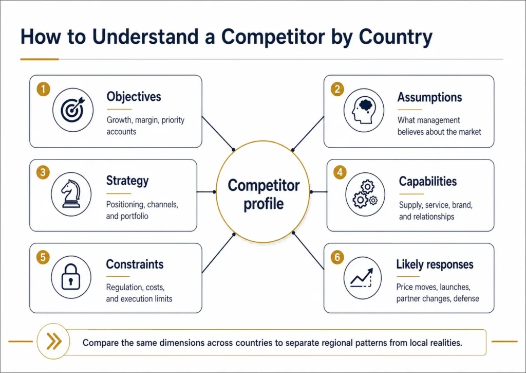 Midas competitor profile framework connecting objectives, assumptions, strategy, capabilities, constraints, and likely responses across Latin American markets