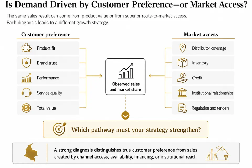 Midas two-pathway Colombia market analysis visual showing how observed sales can result from customer preference or from distributors, inventory, credit, institutions, and regulatory access.