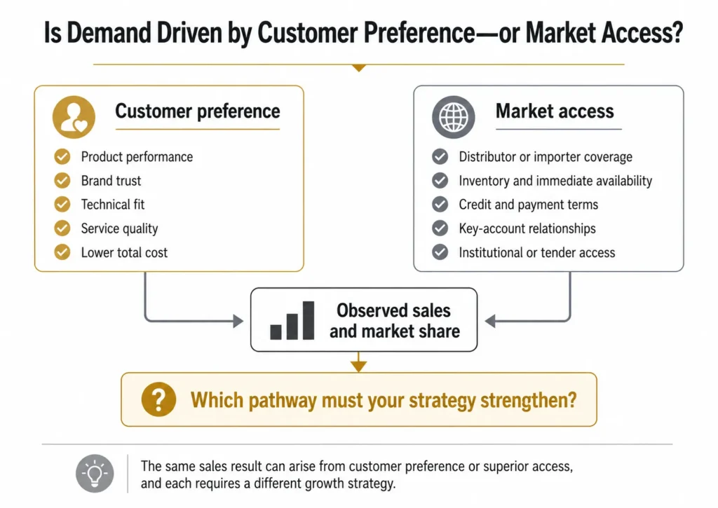 Midas two-pathway Peru market-analysis visual showing how observed sales can result from customer preference or from distributors, imports, inventory, credit, accounts, and institutional access.