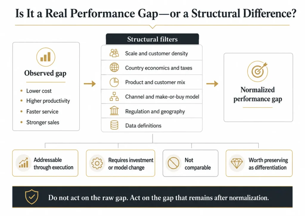 Midas regional benchmarking diagnostic filtering observed performance differences through scale, country economics, product mix, channels, regulation, geography, and data definitions.