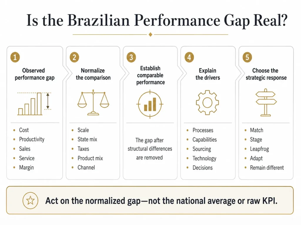 Midas five-stage Brazil benchmarking process moving from an observed performance gap through normalization and driver analysis to a strategic response.
