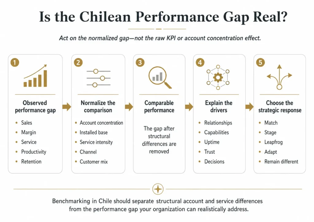 Midas five-stage Chile benchmarking process moving from an observed performance gap through normalization of account concentration, installed base, service, channels, and customer mix to a strategic response.