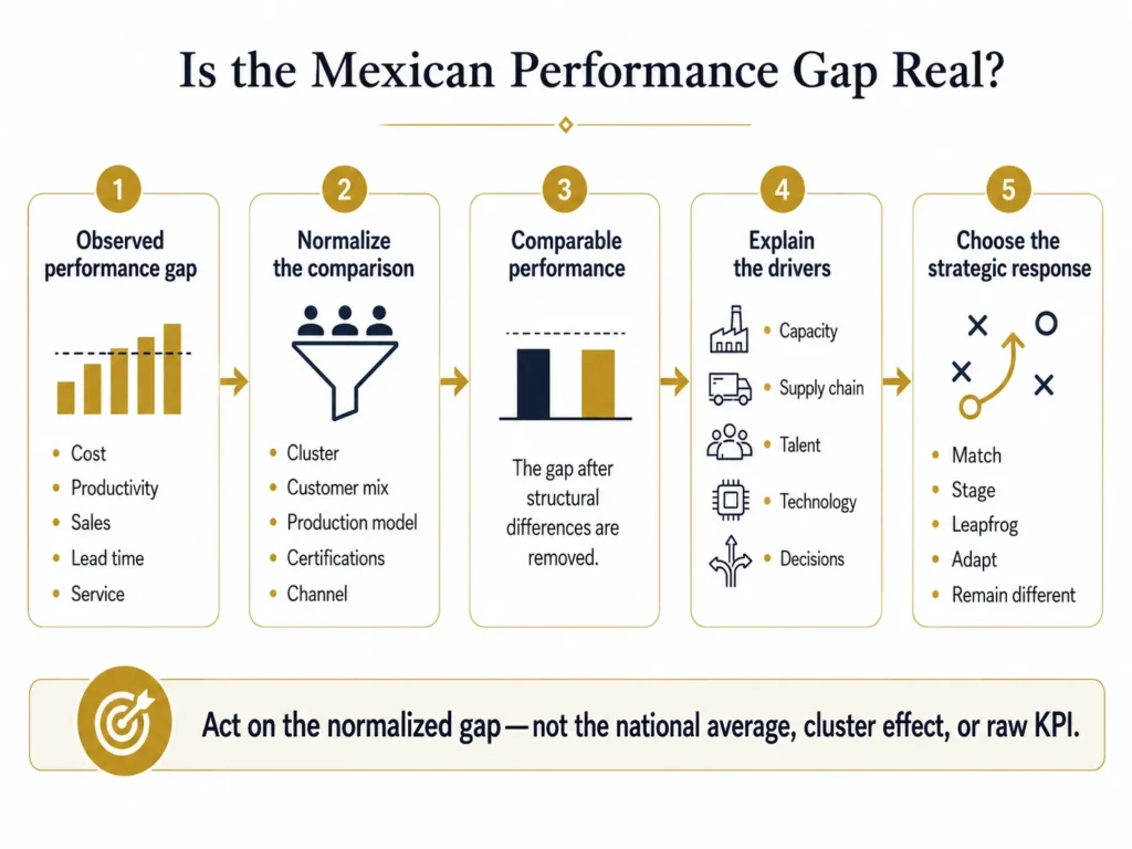 Midas five-stage Mexico benchmarking process moving from an observed performance gap through normalization of clusters, customer mix, production models, certifications, and channels to a strategic response.