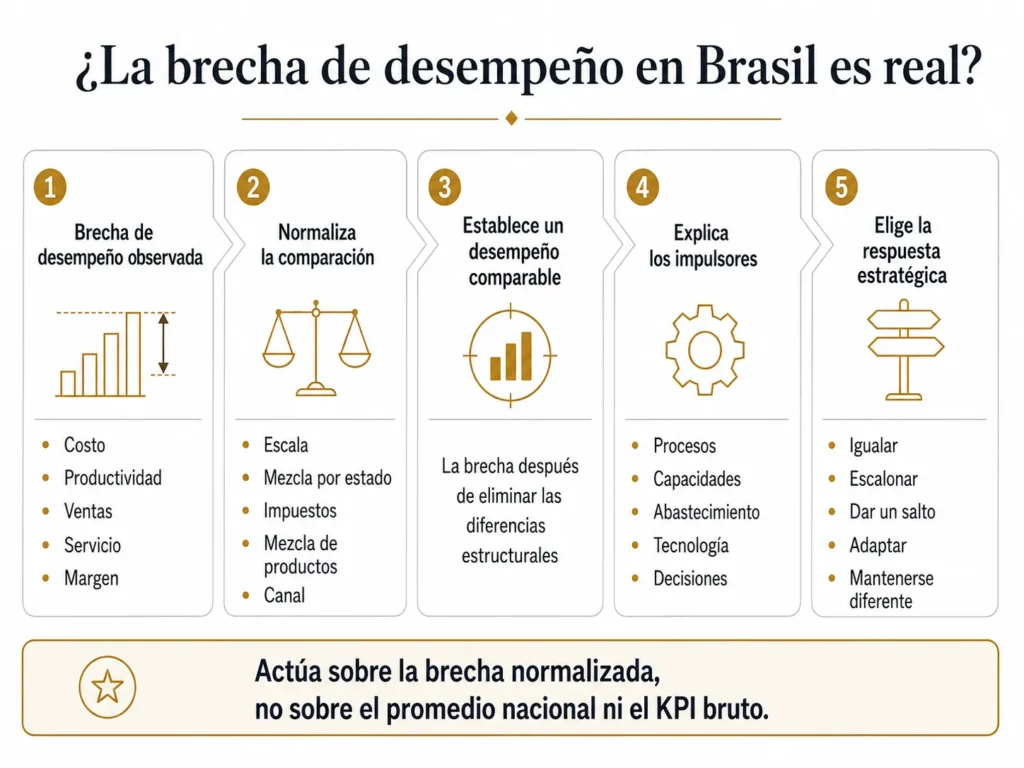 Proceso de benchmarking de Midas para Brasil en cinco etapas, que avanza desde una brecha de desempeño observada, pasando por la normalización y el análisis de sus generadores, hasta una respuesta estratégica.