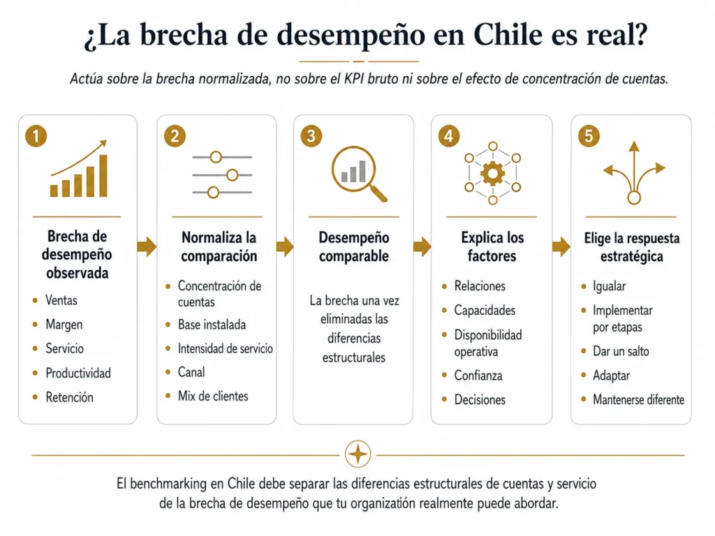 Proceso de benchmarking de Midas para Chile en cinco etapas, que avanza desde una brecha de desempeño observada, pasando por la normalización de la concentración de cuentas, la base instalada, el servicio, los canales y la mezcla de clientes, hasta una respuesta estratégica.