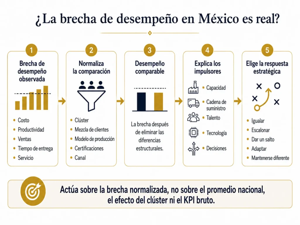 Proceso de benchmarking de Midas para México en cinco etapas, que avanza desde una brecha de desempeño observada, pasando por la normalización de los clústeres, la mezcla de clientes, los modelos productivos, las certificaciones y los canales, hasta una respuesta estratégica.