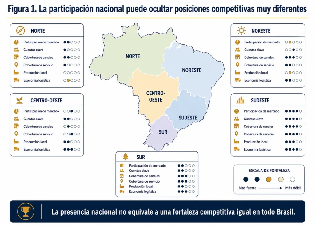Mapa de Brasil de Midas que muestra cómo puede variar la fortaleza de los competidores entre el Sudeste, el Sur, el Nordeste, el Centro-Oeste y el Norte según la participación de mercado, las cuentas clave, los canales, el servicio, la producción y la logística.