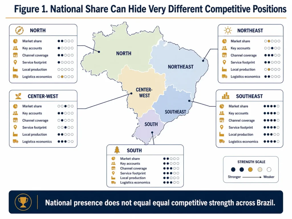 Midas Brazil map showing how competitor strength can vary across the Southeast, South, Northeast, Center-West, and North based on market share, key accounts, channels, service, production, and logistics.