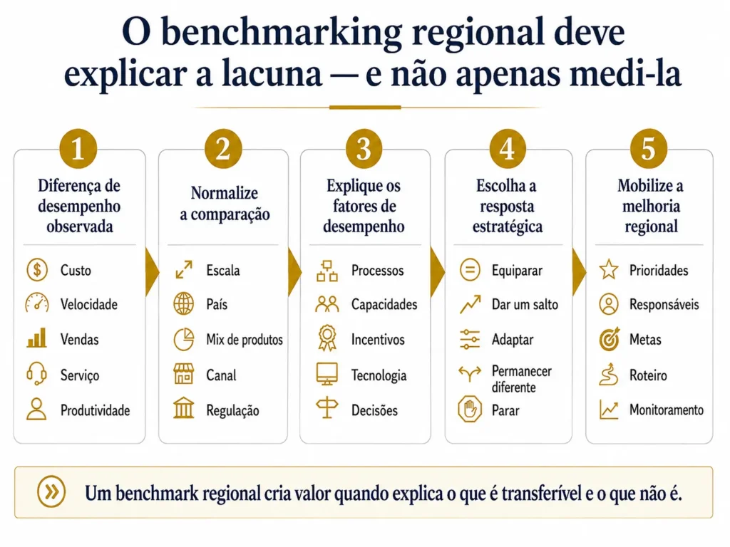 Sistema de benchmarking da Midas em cinco etapas para a América Latina, que parte das diferenças de desempenho observadas, passa pela normalização e explicação das lacunas e chega à resposta estratégica e à melhoria regional.