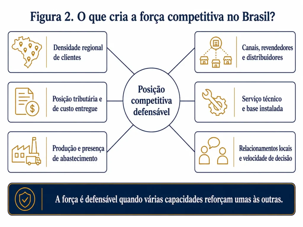 Diagrama da Midas conectando densidade regional de clientes, impostos e custo final, produção, canais, serviço técnico, base instalada, relacionamentos e velocidade de decisão a uma posição competitiva defensável no Brasil.