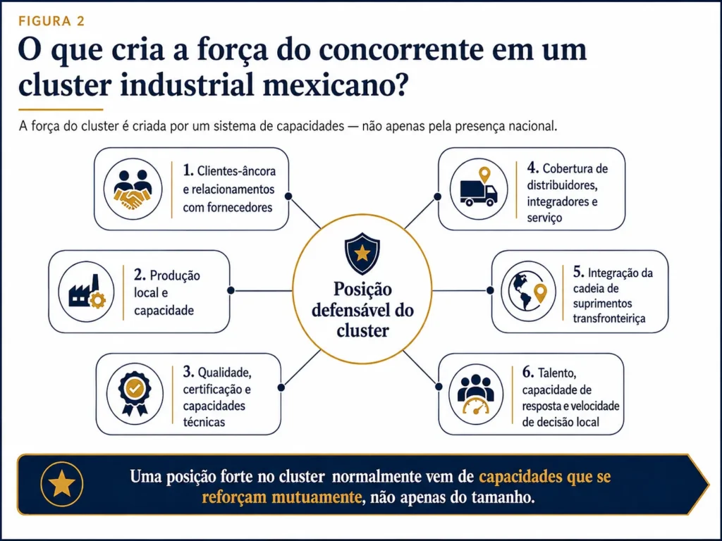 Diagrama da Midas conectando clientes-âncora, produção, certificações, distribuidores, cadeias de suprimentos transfronteiriças, talento e velocidade de decisão a uma posição competitiva defensável no México.