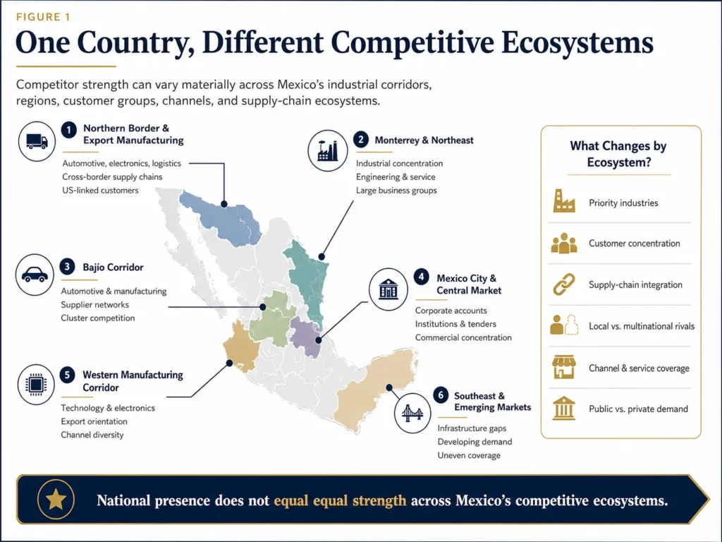 Midas Mexican map comparing competitive conditions across the northern border, Monterrey, the Bajío, Mexico City, western manufacturing centers, and the southeast.