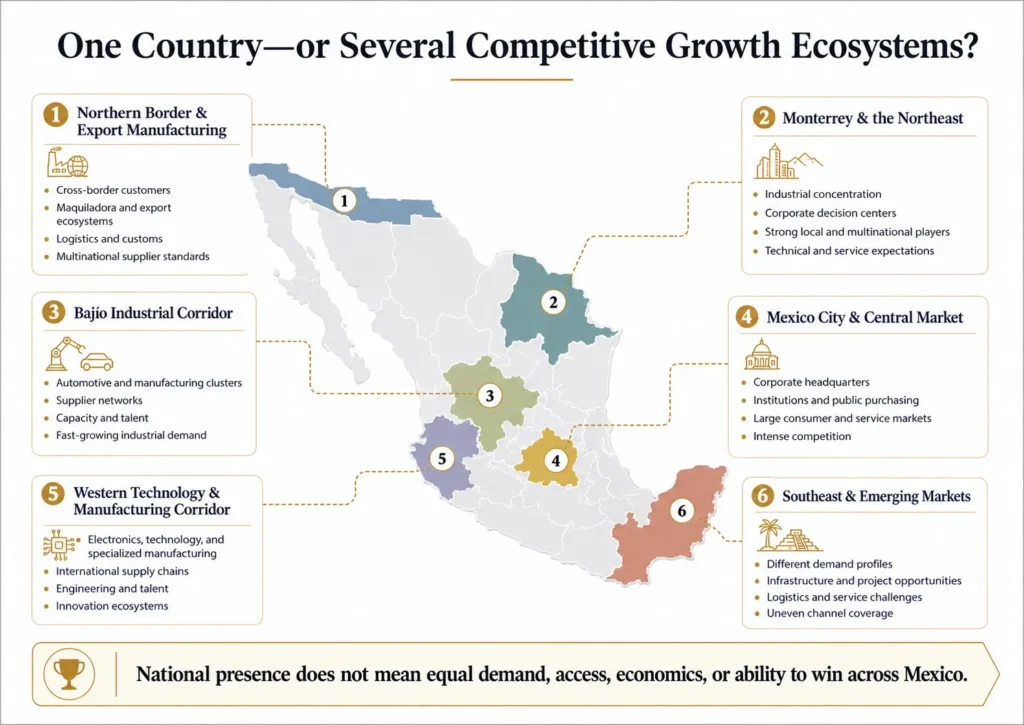 Midas Mexico map comparing market opportunity conditions across the northern border, Monterrey, the Bajío, Mexico City, western technology and manufacturing centers, and the southeast.