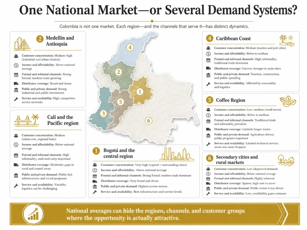 Midas Colombia map comparing market opportunity conditions across Bogotá, Medellín, Cali, the Caribbean Coast, the Coffee Region, and secondary markets.