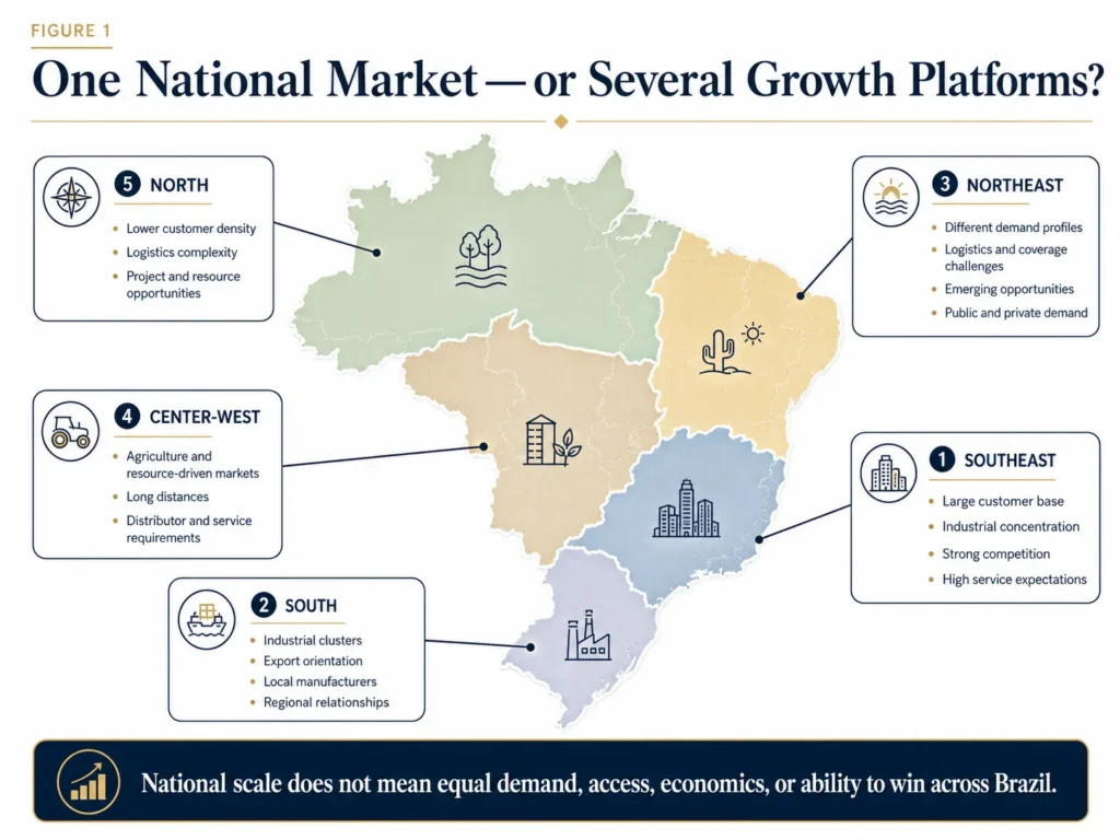 Midas Brazil map comparing market opportunity conditions across the Southeast, South, Northeast, Center-West, and North.