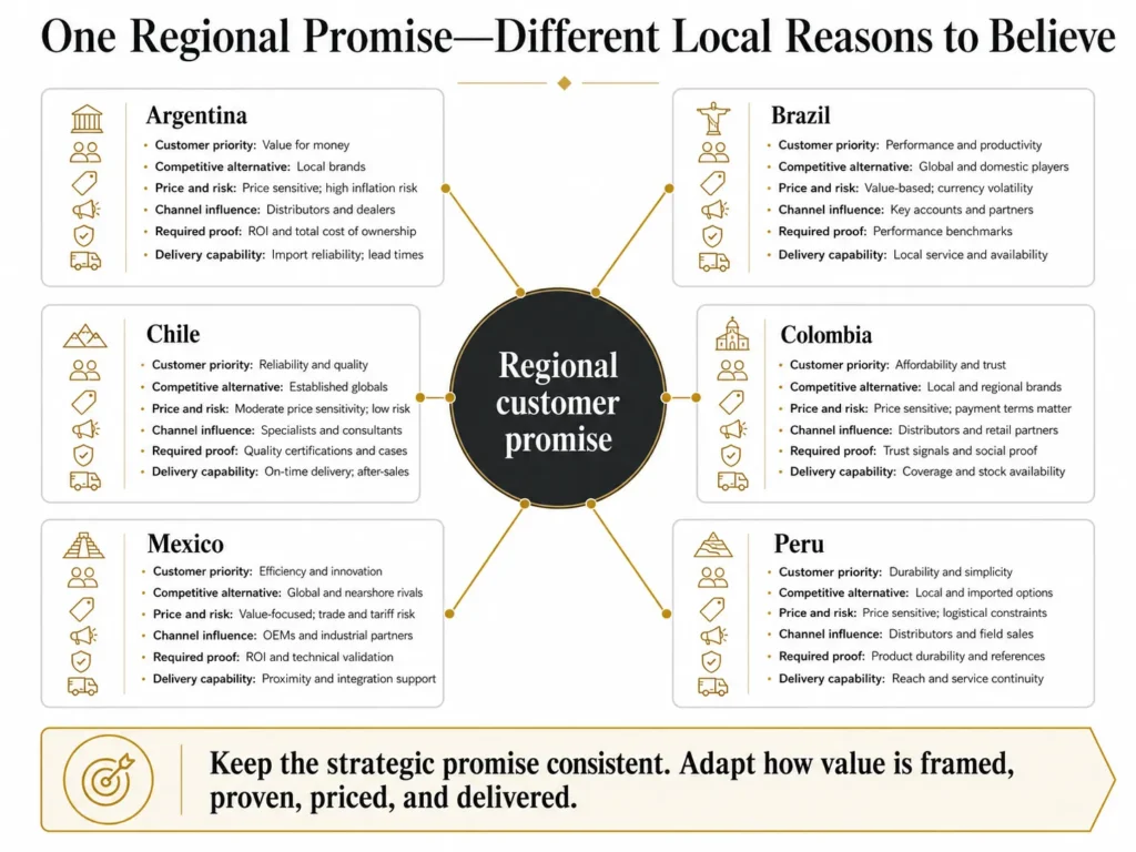 Midas regional value proposition architecture connecting one central customer promise with six country-specific lenses for Argentina, Brazil, Chile, Colombia, Mexico, and Peru.