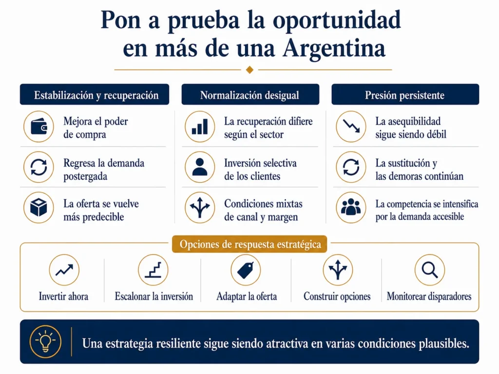 Tres escenarios de mercado de Midas para Argentina que comparan estabilización y recuperación, normalización desigual y presión persistente, con opciones de respuesta estratégica.