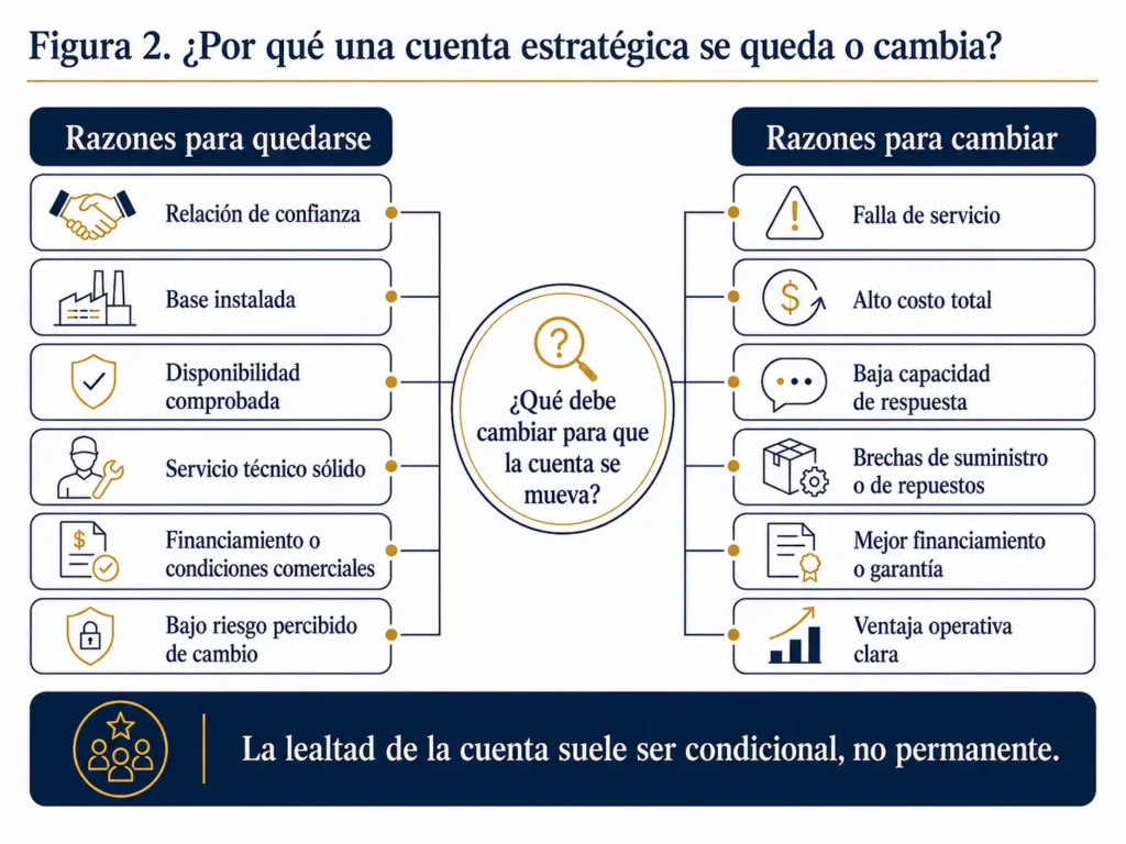 Diagnóstico de Midas en dos columnas que muestra las razones por las que una cuenta estratégica en Chile puede permanecer con un proveedor establecido o cambiar a otro proveedor.