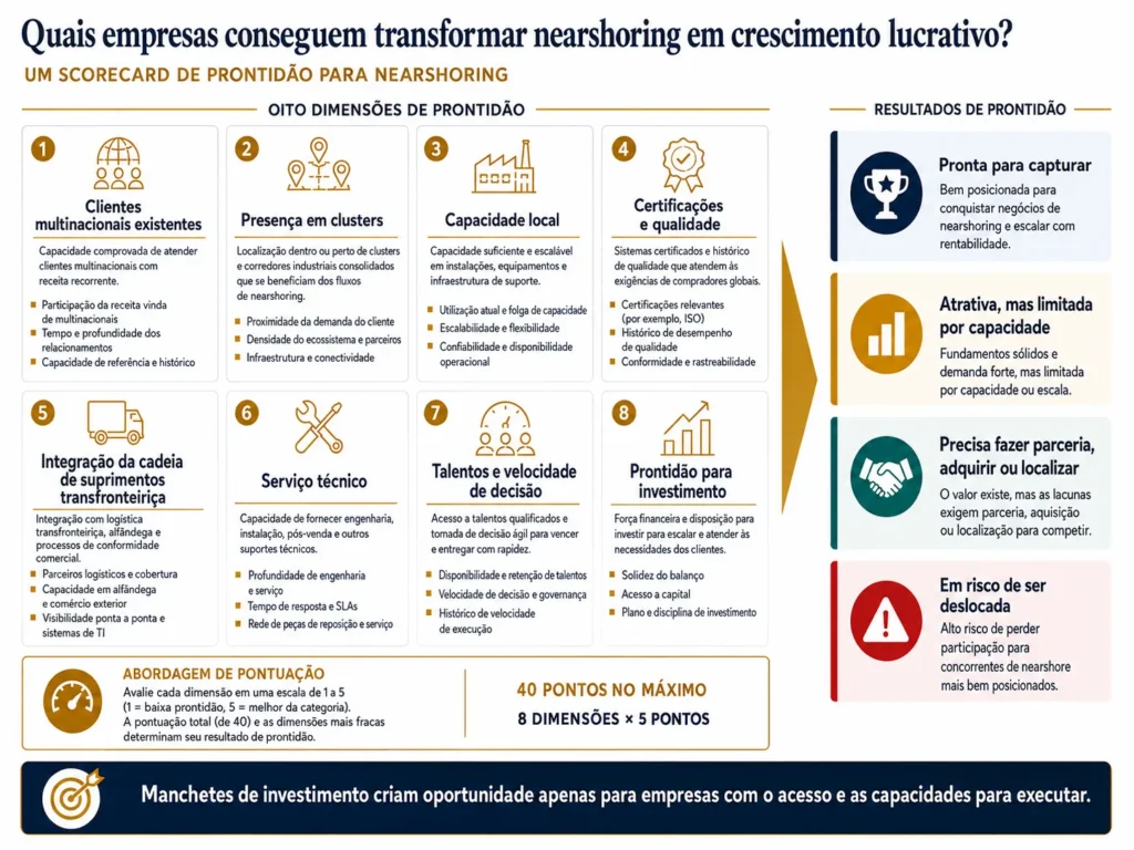 Scorecard de preparação para nearshoring da Midas no México, avaliando clientes, presença no cluster, capacidade local, certificações, integração à cadeia de suprimentos, serviço, talentos e prontidão para investir.