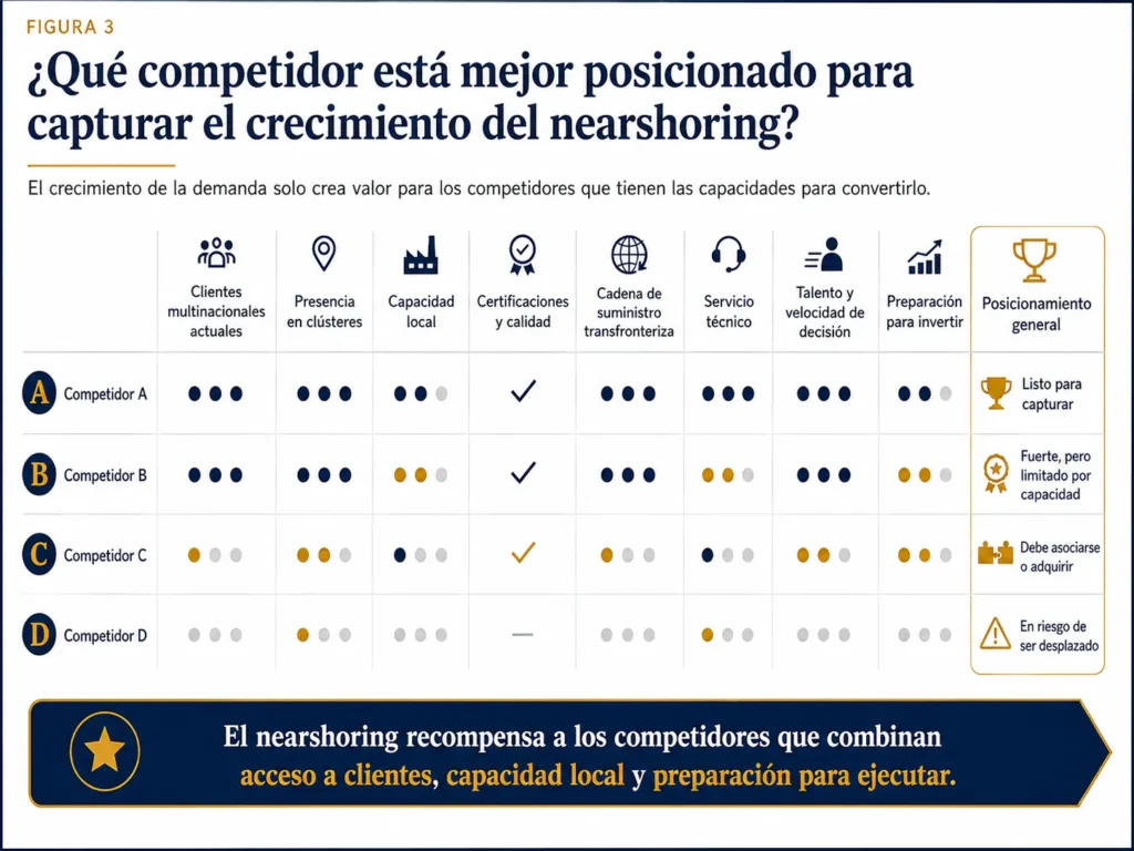 Matriz de preparación competitiva de Midas que evalúa qué empresas en México están posicionadas para capturar el crecimiento relacionado con el nearshoring según sus clientes, clústeres, capacidad, certificaciones, cadenas de suministro, servicio, talento e inversión.