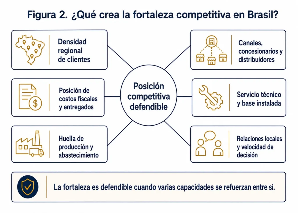 Diagrama de Midas que conecta la densidad regional de clientes, los impuestos y el costo de entrega, la producción, los canales, el servicio técnico, la base instalada, las relaciones y la velocidad de decisión con una posición competitiva defendible en Brasil.