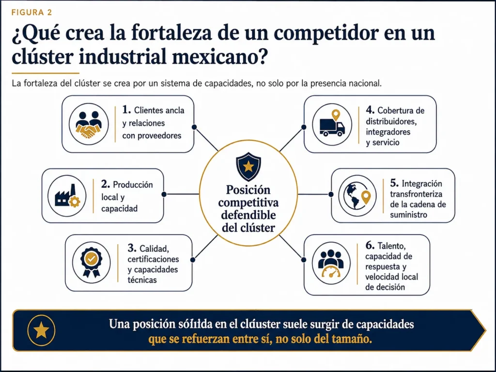 Diagrama de Midas que conecta a los clientes ancla, la producción, las certificaciones, los distribuidores, las cadenas de suministro transfronterizas, el talento y la velocidad de decisión con una posición competitiva defendible en México.