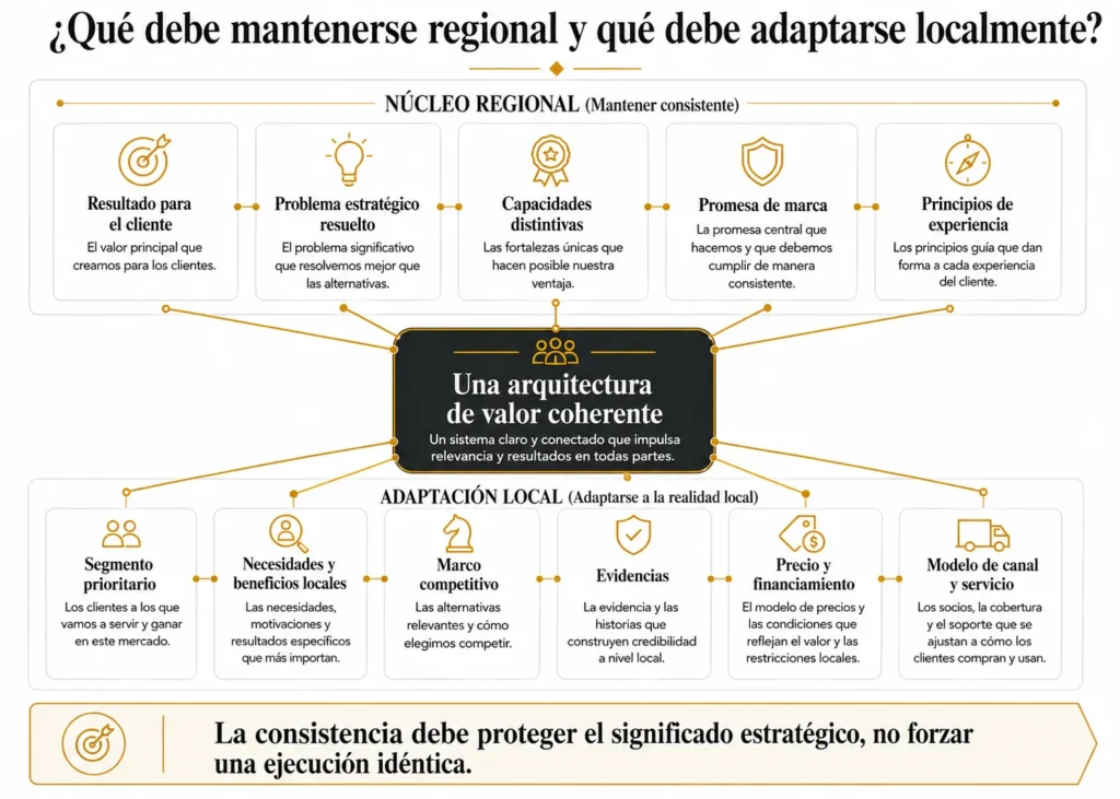 Marco de propuesta de valor de Midas para América Latina en dos niveles, que separa el núcleo regional de la adaptación local en segmentos, pruebas, precios, canales y servicio.