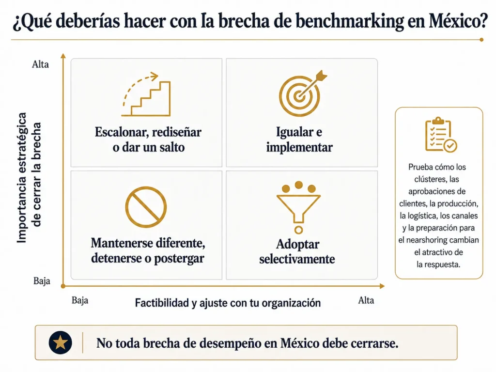 Matriz dos por dos de benchmarking de Midas para México que prioriza las brechas según su importancia estratégica y viabilidad, con opciones para igualar, superar, adoptar selectivamente o mantenerse diferente.