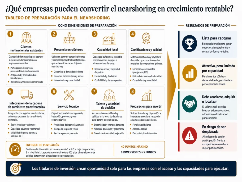 Cuadro de evaluación de preparación para nearshoring de Midas en México, que analiza clientes, presencia en clústeres, capacidad local, certificaciones, integración en la cadena de suministro, servicio, talento y preparación para invertir.