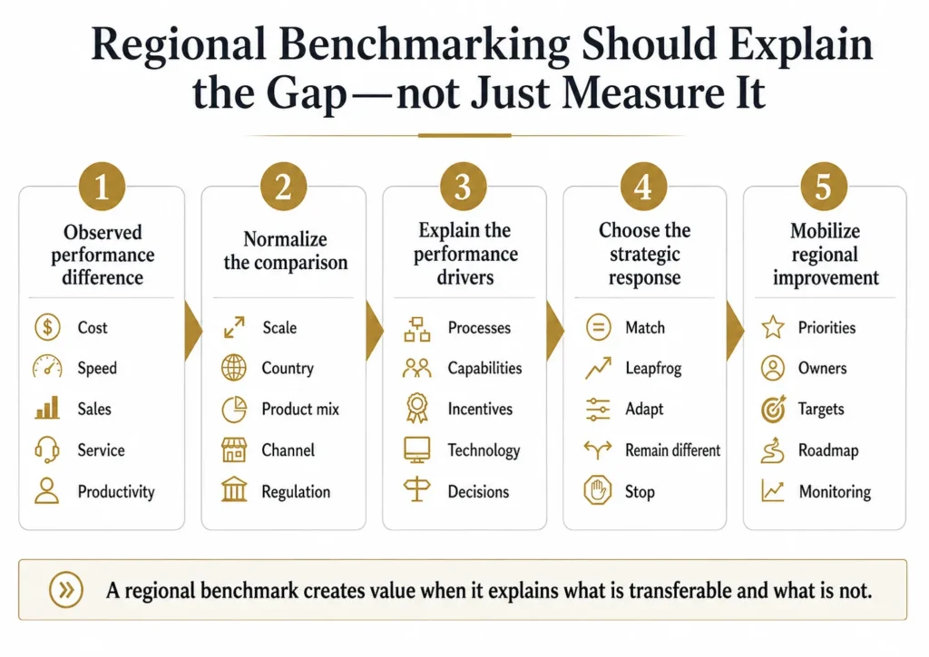 Midas five-stage Latin America benchmarking system moving from observed performance differences through normalization and gap explanation to strategic response and regional improvement.