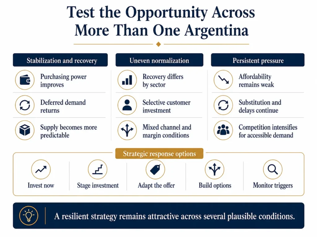 Midas three Argentina market scenarios comparing stabilization and recovery, uneven normalization, and persistent pressure, with strategic response options.