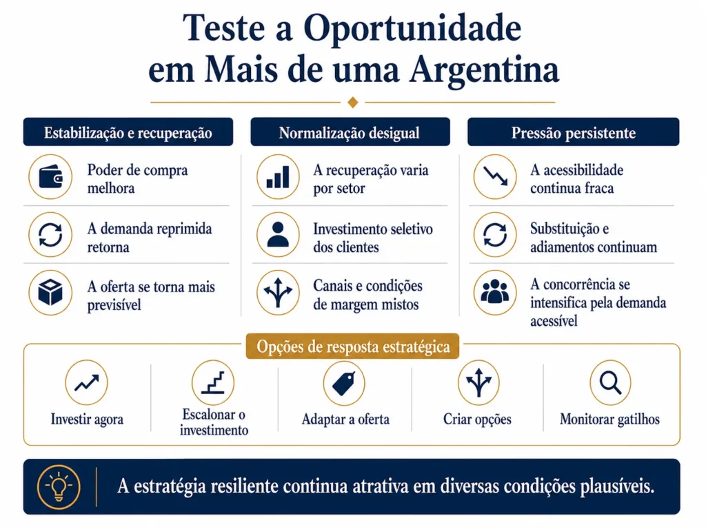 Três cenários de mercado da Midas para a Argentina, comparando estabilização e recuperação, normalização desigual e pressão persistente, com opções de resposta estratégica.