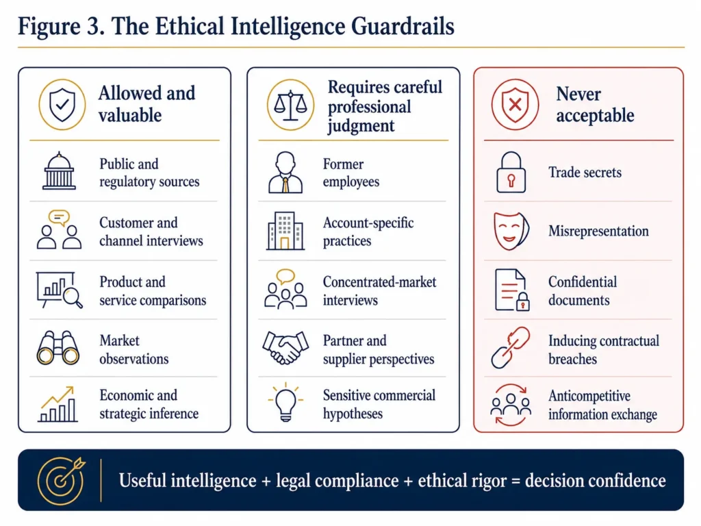 Midas ethical competitive intelligence framework distinguishing acceptable research, areas requiring professional judgment, and practices that are never acceptable.