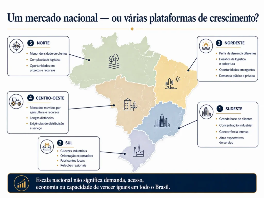 Mapa da Midas do Brasil comparando as condições das oportunidades de mercado entre as regiões Sudeste, Sul, Nordeste, Centro-Oeste e Norte.