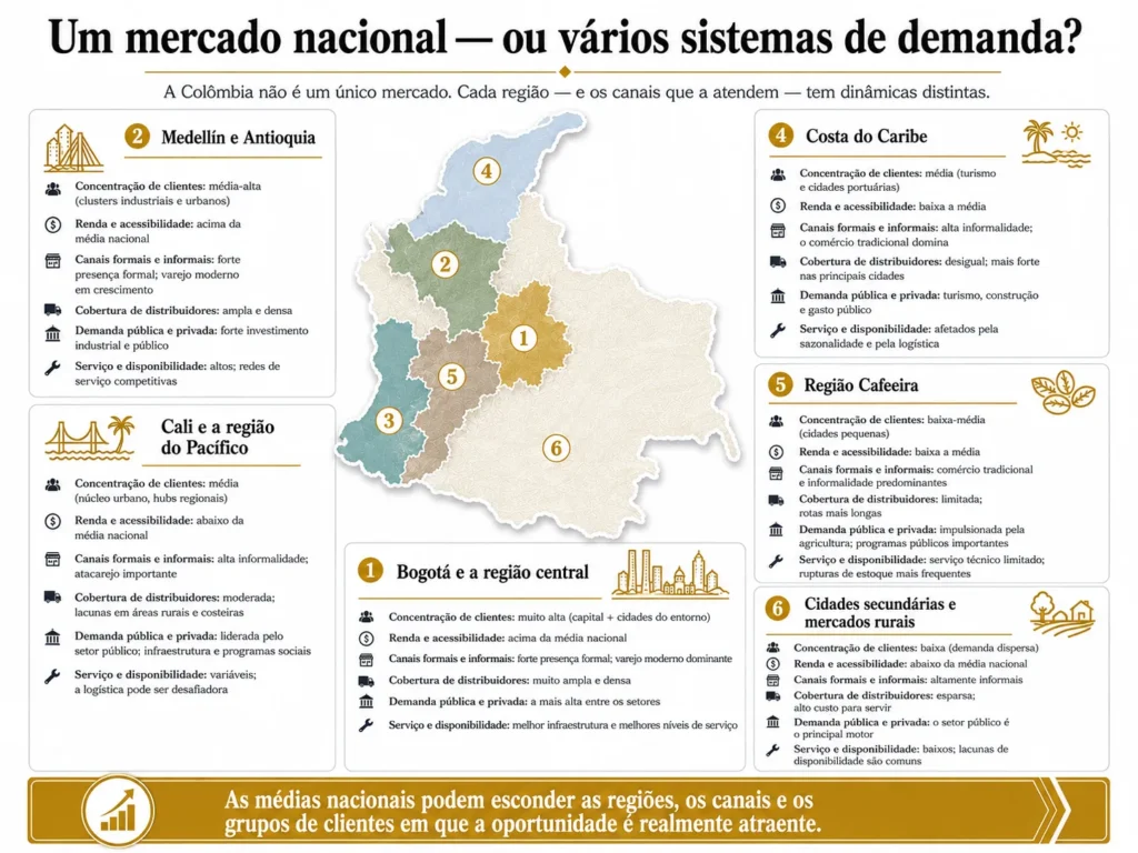 Mapa da Midas da Colômbia comparando as condições das oportunidades de mercado em Bogotá, Medellín, Cali, Costa do Caribe, Região Cafeeira e mercados secundários.
