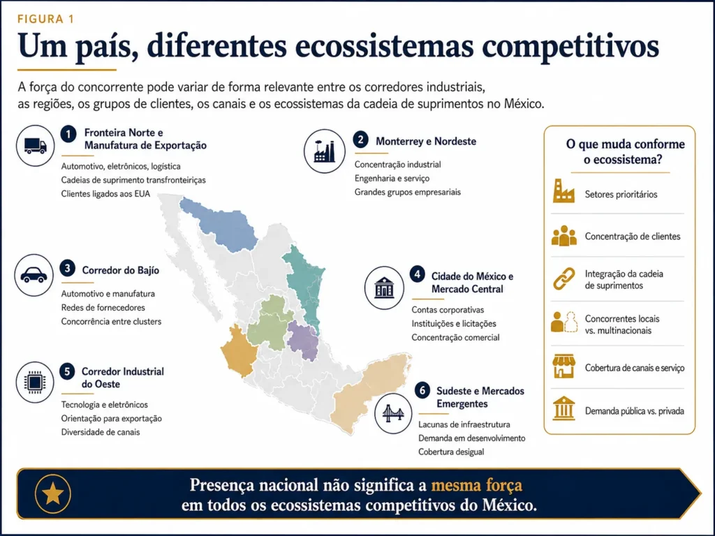 Mapa da Midas sobre o México comparando as condições competitivas na fronteira norte, em Monterrey, no Bajío, na Cidade do México, nos centros produtivos do oeste e no sudeste.