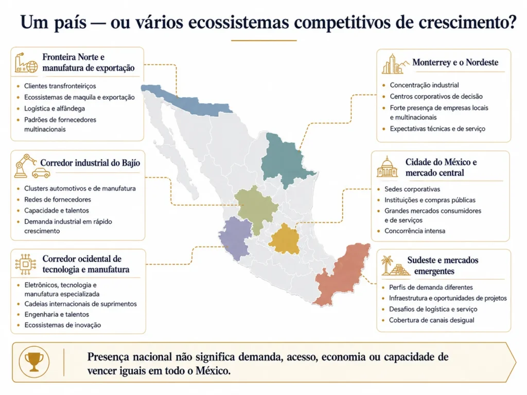 Mapa da Midas do México comparando as condições das oportunidades de mercado na fronteira norte, Monterrey, Bajío, Cidade do México, centros de tecnologia e manufatura do oeste e sudeste.