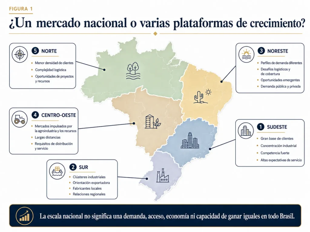 Mapa de Brasil de Midas que compara las condiciones de oportunidad de mercado en el Sudeste, Sur, Noreste, Centro-Oeste y Norte.