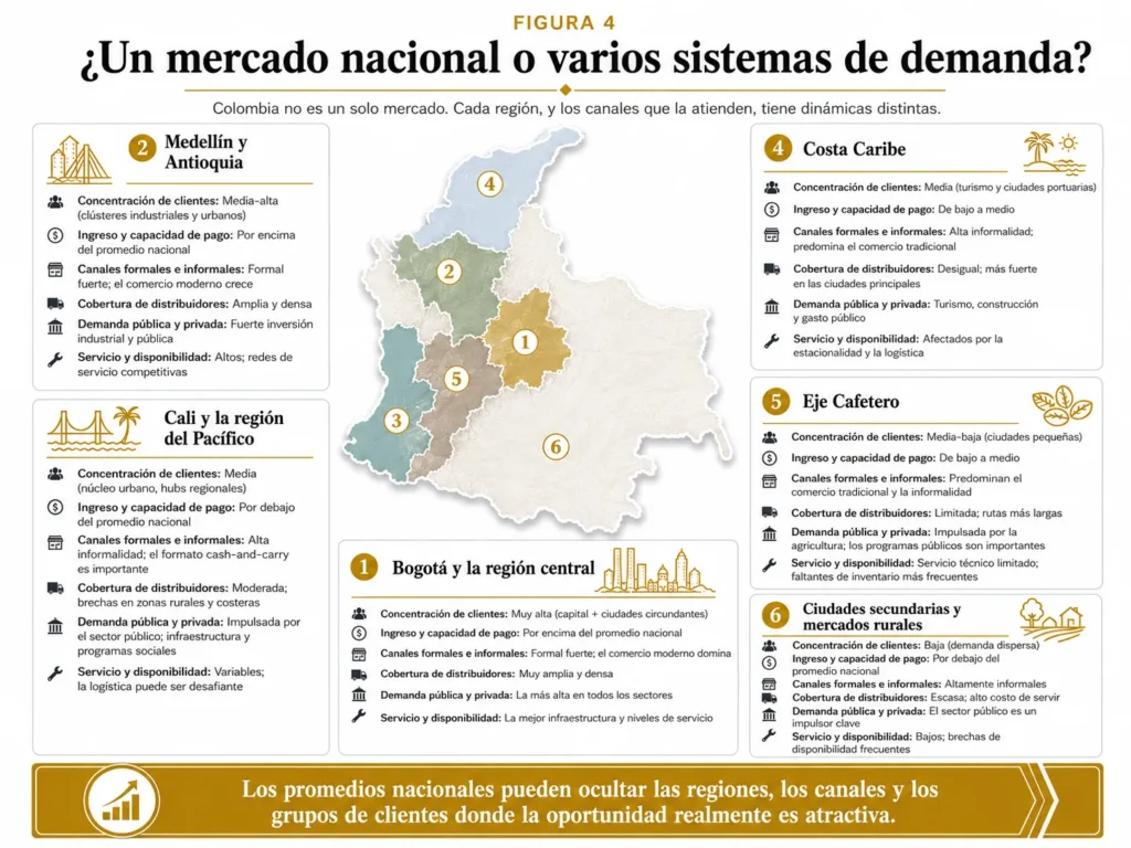 Mapa de Colombia de Midas que compara las condiciones de oportunidad de mercado en Bogotá, Medellín, Cali, la Costa Caribe, el Eje Cafetero y los mercados secundarios.