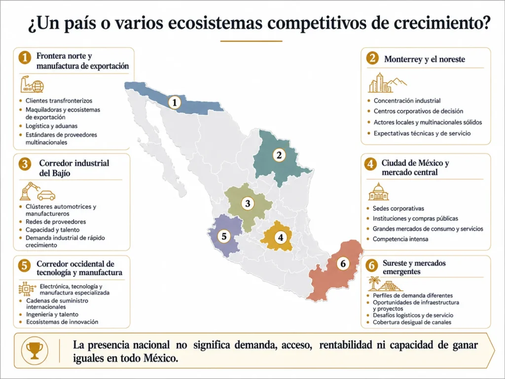 Mapa de México según Midas comparando las condiciones de oportunidad de mercado en la frontera norte, Monterrey, el Bajío, la Ciudad de México, los centros tecnológicos y manufactureros del occidente, y el sureste.