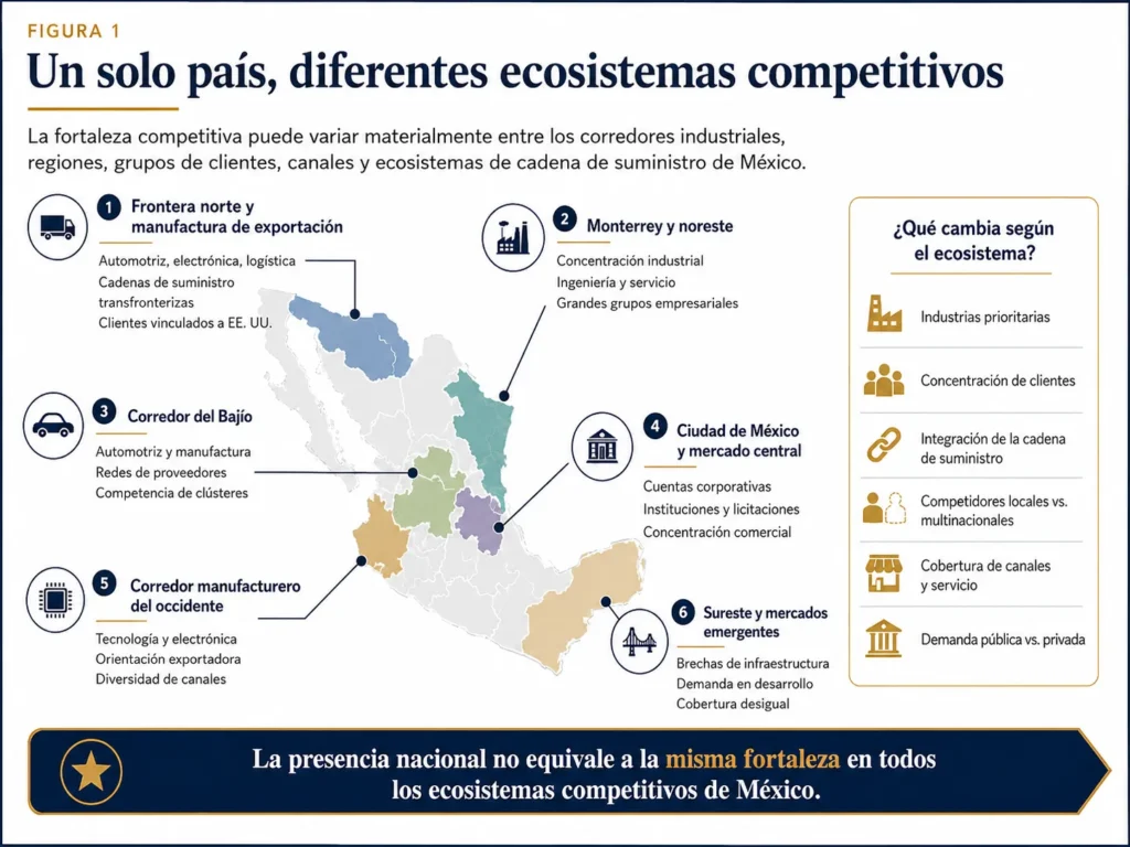 Mapa de México de Midas que compara las condiciones competitivas de la frontera norte, Monterrey, el Bajío, Ciudad de México, los centros manufactureros del oeste y el sudeste.