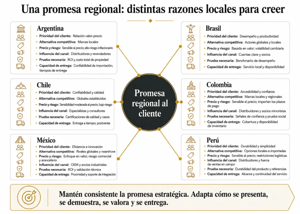 Arquitectura regional de propuesta de valor de Midas que conecta una promesa central para el cliente con seis perspectivas específicas para Argentina, Brasil, Chile, Colombia, México y Perú.