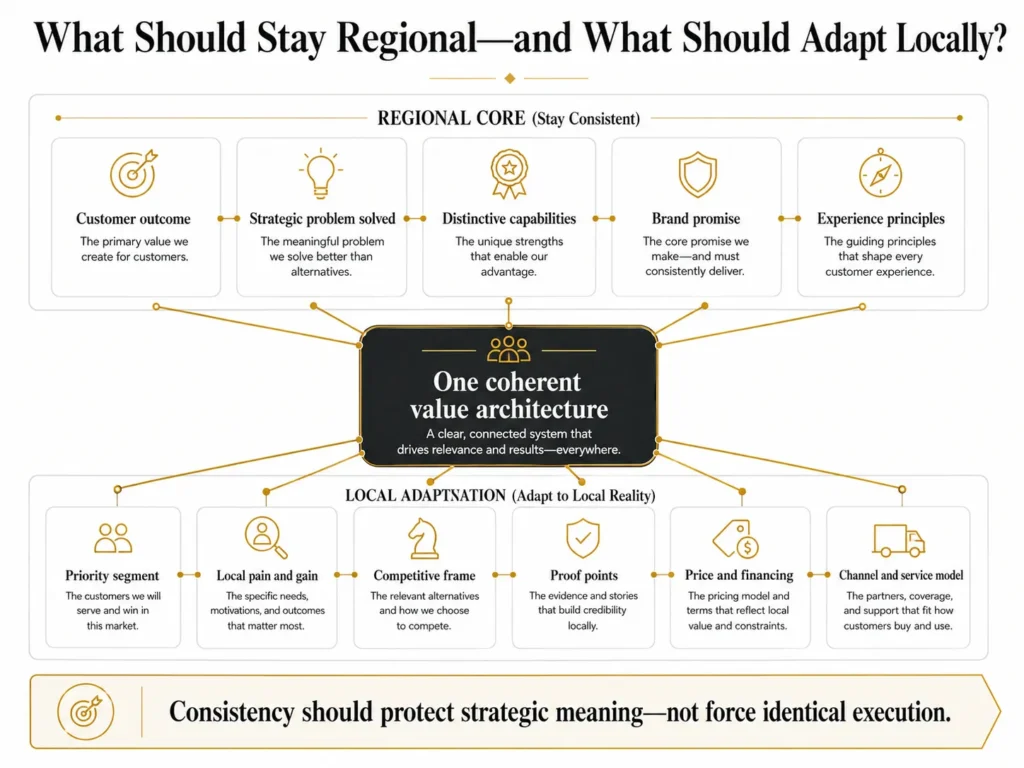Midas two-layer Latin America value proposition framework separating the regional core from local adaptation in segments, proof, pricing, channels, and service.