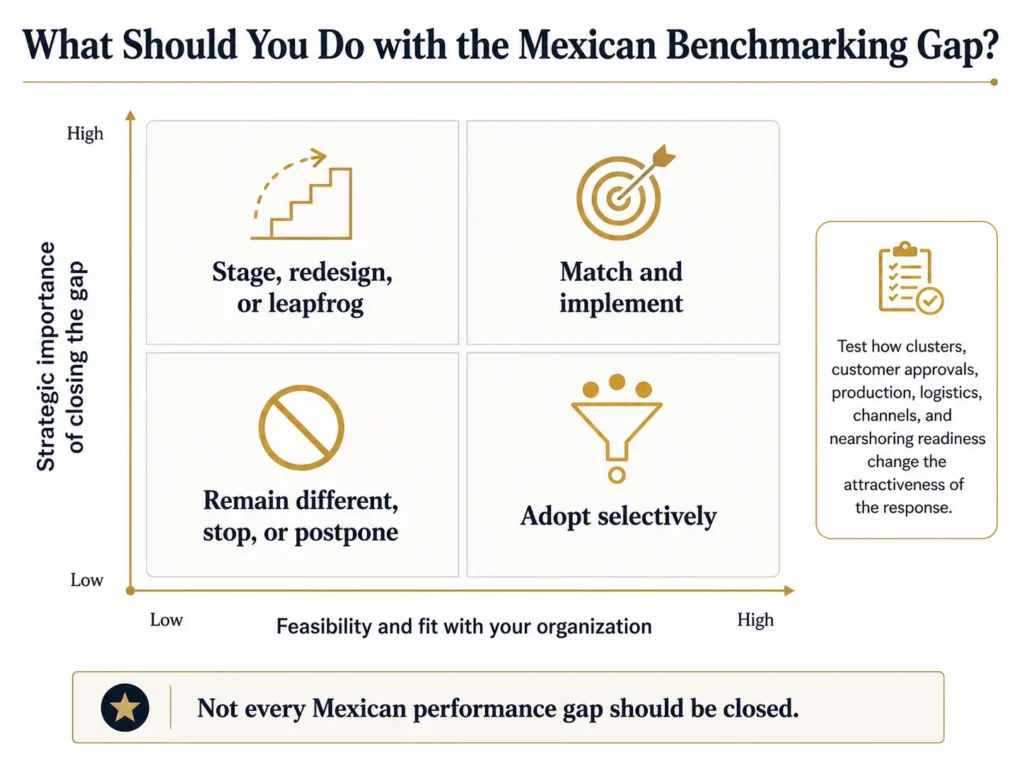 Midas two-by-two Mexico benchmarking matrix prioritizing gaps by strategic importance and feasibility, with choices to match, leapfrog, adopt selectively, or remain different.