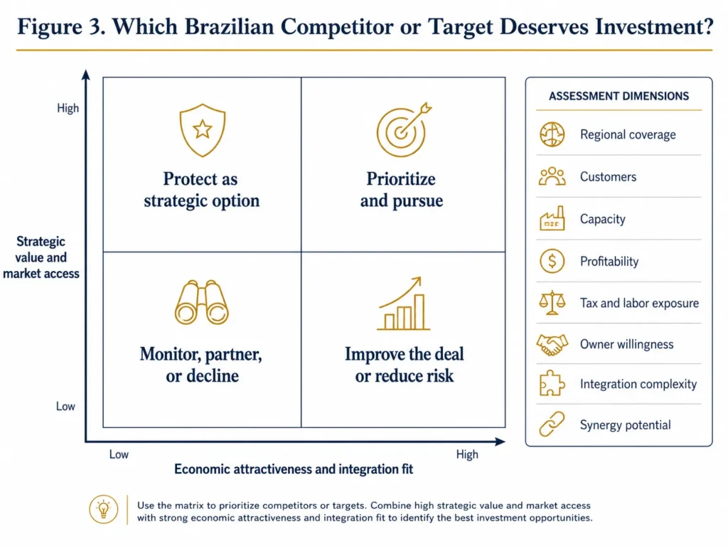 Midas Brazil acquisition target matrix comparing strategic value and market access with economic attractiveness and integration fit, including regional coverage, customers, capacity, profitability, risk, and owner willingness.