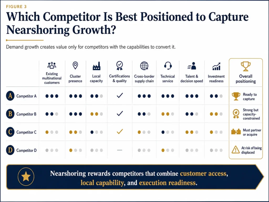Midas competitor readiness scorecard evaluating which companies in Mexico are positioned to capture nearshoring growth based on customers, clusters, capacity, certifications, supply chains, service, talent, and investment.
