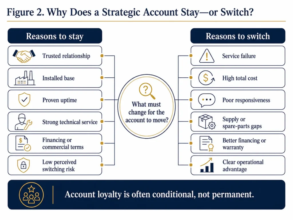 Midas two-column diagnostic showing the reasons a strategic account in Chile may remain with an incumbent or switch to another supplier.