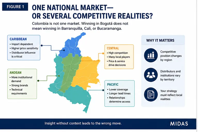 Midas Colombian map showing how competitor strength can vary across Bogotá, Medellín, Cali, the Caribbean Coast, the Coffee Region, and secondary markets.